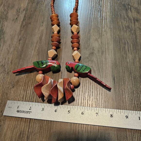 Vintage Wood Parrot Necklace 13" Brown Red Beaded Chunky Birds Retro Indie Boho - Picture 9 of 9